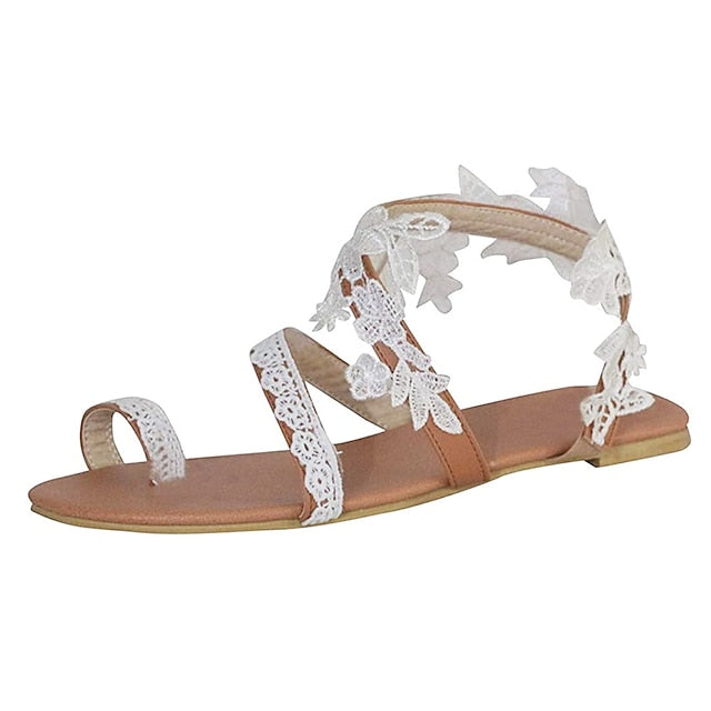 Floral Bridal Lace Sandals White Flat with Women's