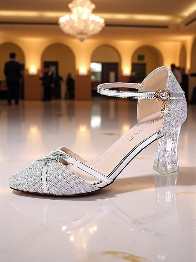 Gold - Strap Women's Pumps Glitter Heel Elegant Ankle Block