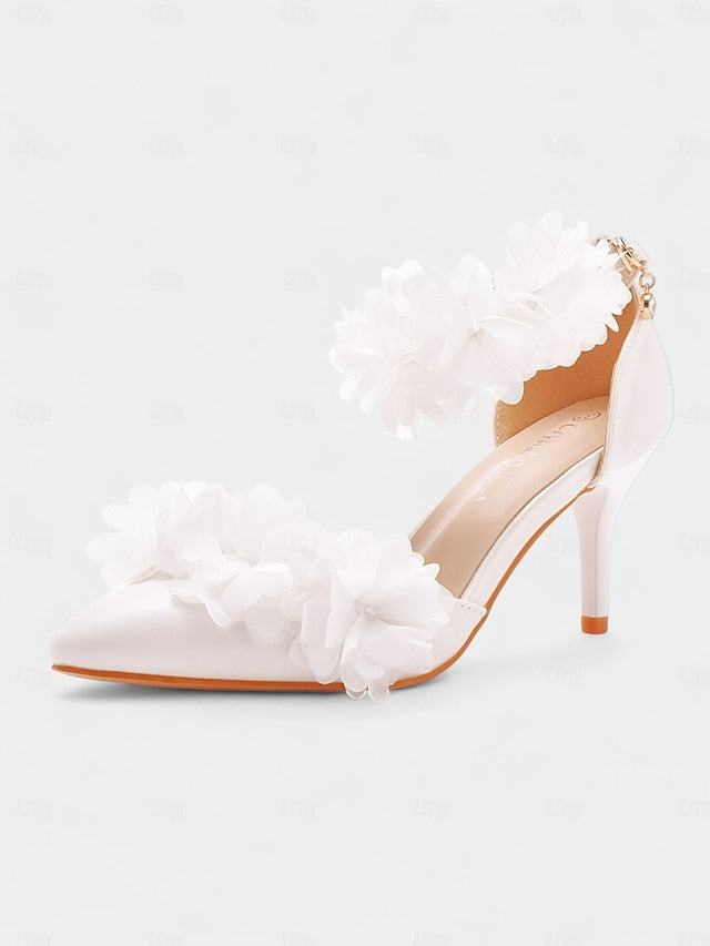 - Strap Elegant Women's White Pointed Ankle Floral Heels