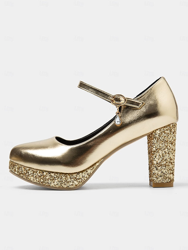 – Women's Block Heel Jane Glitter Mary Sparkly Gold Pumps
