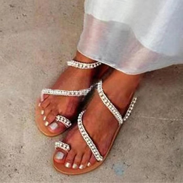 Women's Elegant – Sandals Strappy Flat Pearl-Embellished
