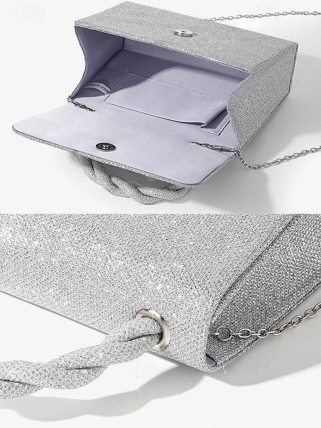 Women's Braided Handbag and Handle Silver with Glitter