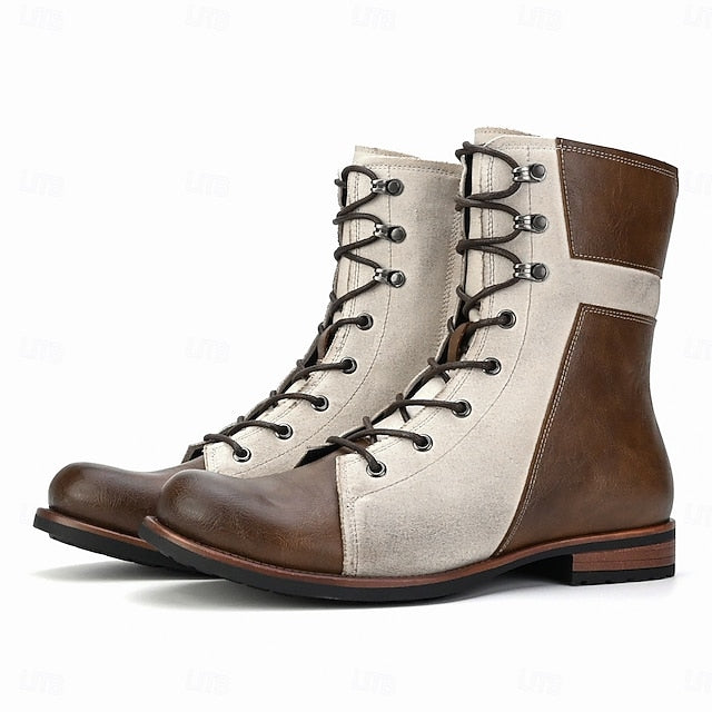 Vintage Men's Boots Mid-Calf Leather Faux Two-Tone Lace-Up