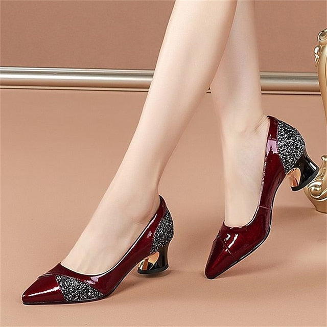 Faux Heels Glitter-Accented Women's Leather Block Patent
