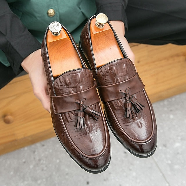 Men's Green Faux Leather Loafers with Crocodile Embossed