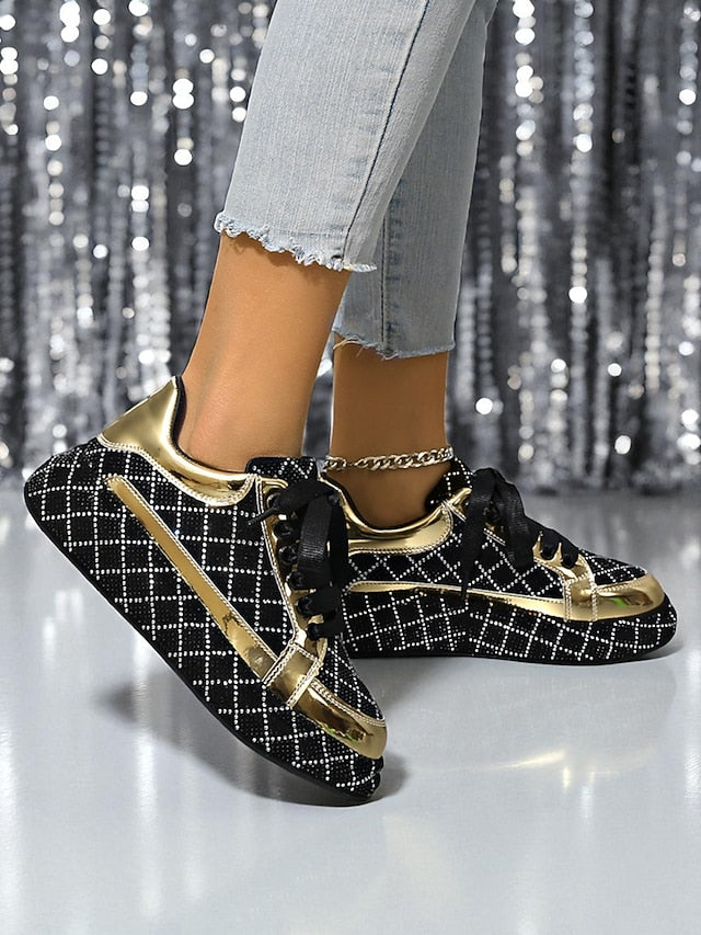 Quilted Women's Sneakers - Black Rhinestone Silver and