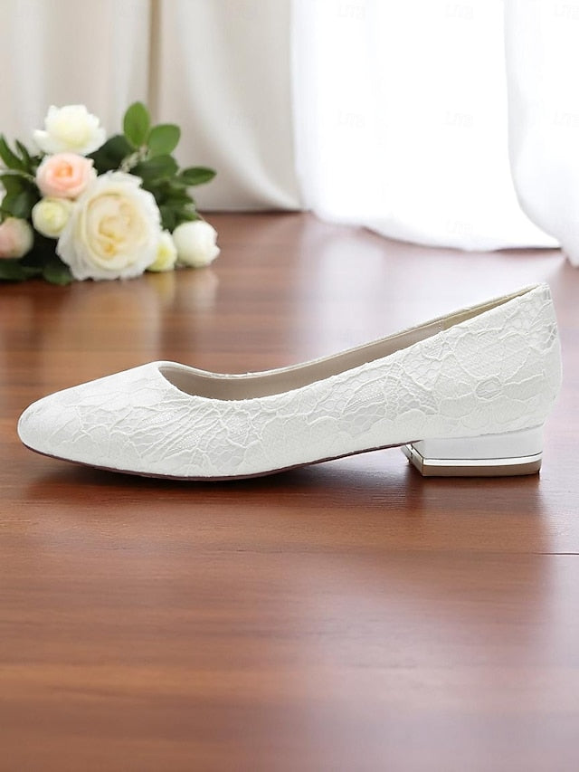 Women's Lace Wedding Flats Heel Ivory Low