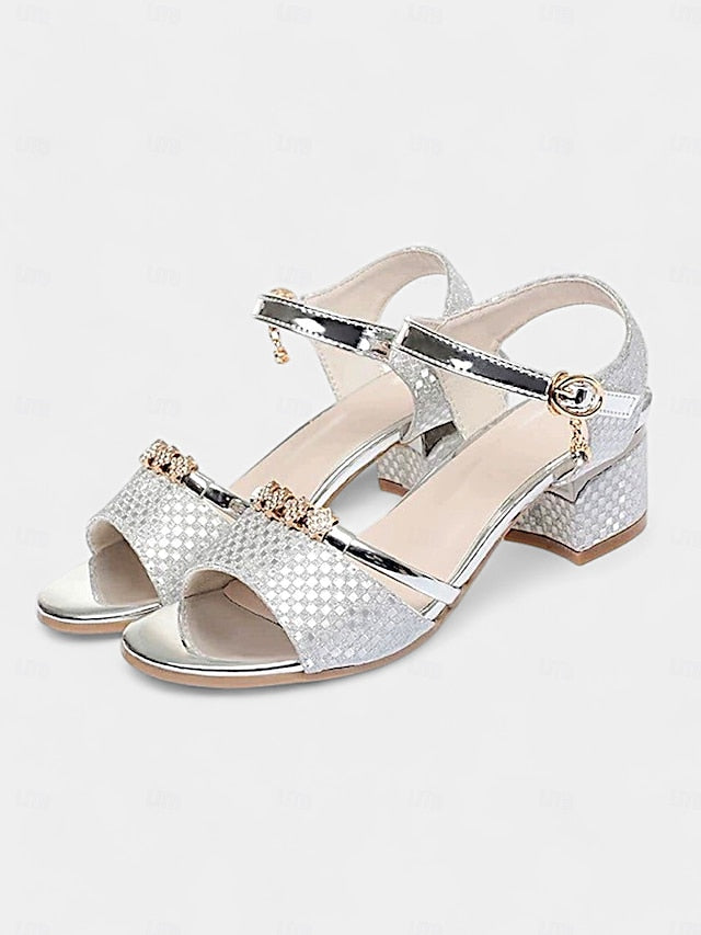 Women Rhinestone-Embellished Block Sandals – for Gold Heel