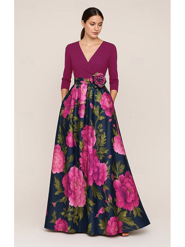 the Gown of Elegant Print Floral Mother Bride A-Line Evening