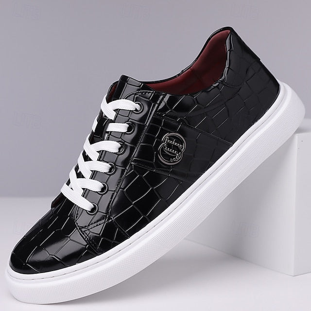 Men's Burgundy Crocodile Pattern Faux Leather Sneakers with