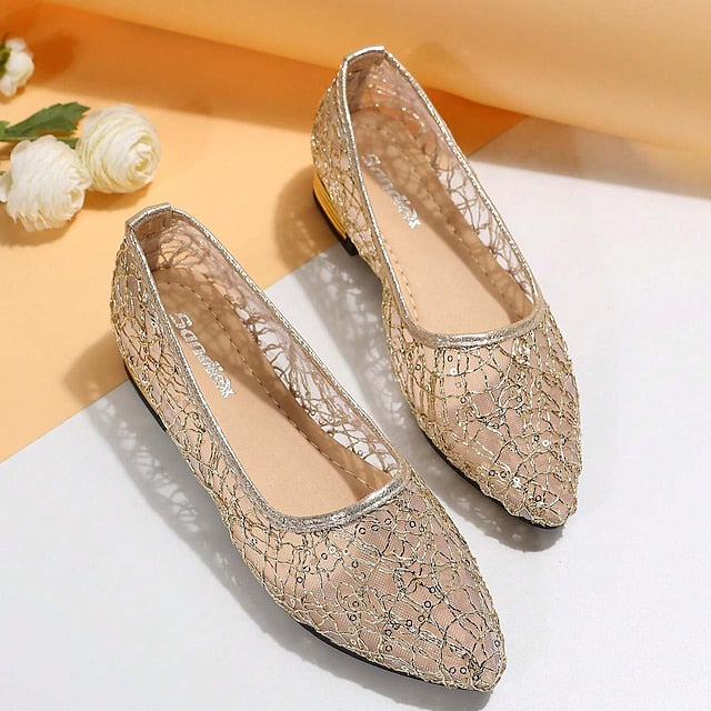 Flats Sequin Silver Ballet – Elegant Mesh Women's