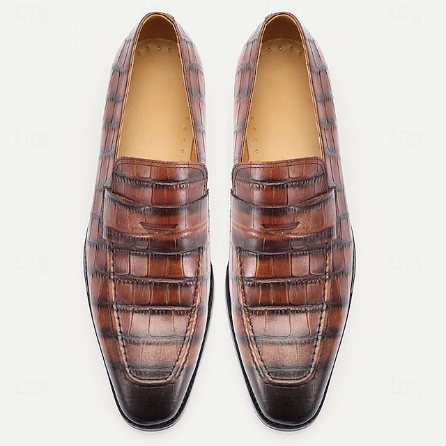 Men's Classic Brown Crocodile Pattern Leather Dress Shoes -