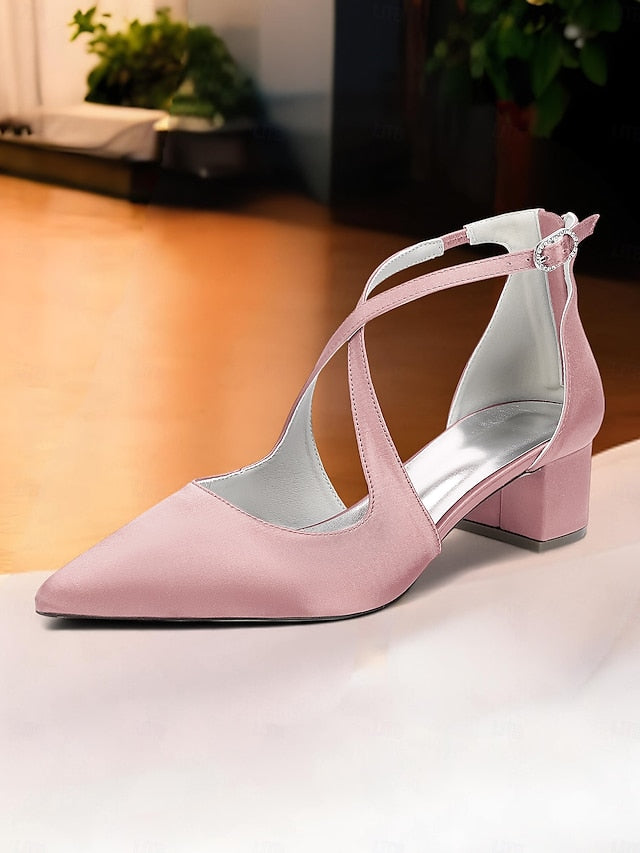 Toe Pointed Block Elegant - Satin Women's Heels Ivory