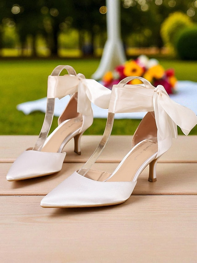 Heel Kitten Ribbon with Women's Pointed-Toe Shoes Satin