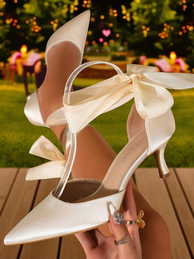 Heel Kitten Ribbon with Women's Pointed-Toe Shoes Satin