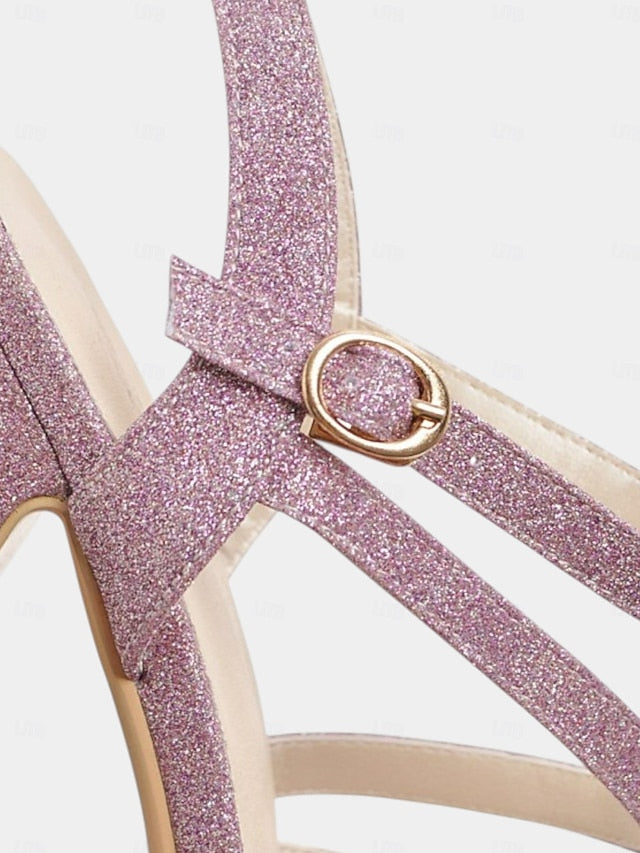 Heel Sandals Ankle Strap with Women's Glitter High Platform
