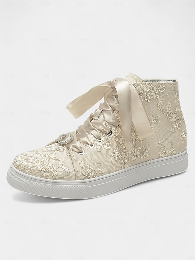Lace Sneakers Wedding Women's Satin Laces with Ribbon Ivory