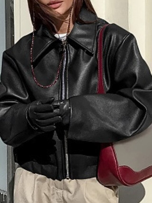 Women's Pocket Leather Jacket Comfortable Warm Faux Zipper