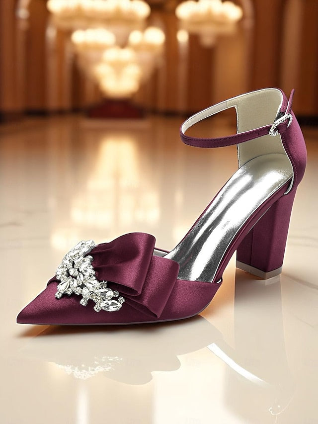 Bow Block Pumps Satin Heel and with Crystal Women's