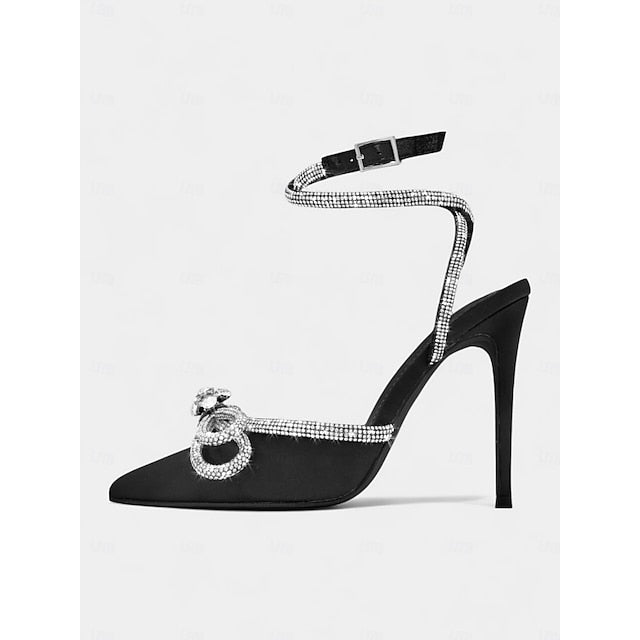 and Satin Bow Women's Black Heels with Rhinestone Stiletto