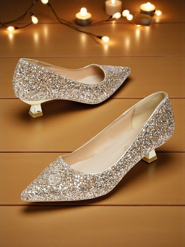 Toe Pointed Heel Women's Pumps Low Glitter - Sparkly