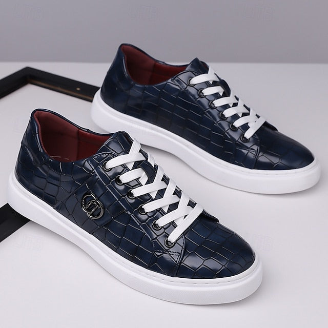 Men's Burgundy Crocodile Pattern Faux Leather Sneakers with