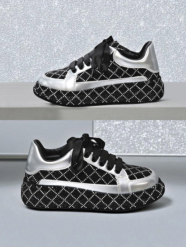 Quilted Women's Sneakers - Black Rhinestone Silver and