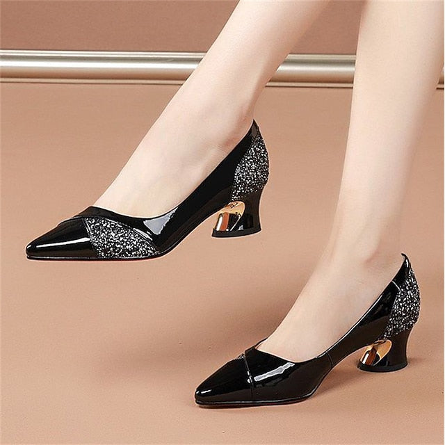 Faux Heels Glitter-Accented Women's Leather Block Patent