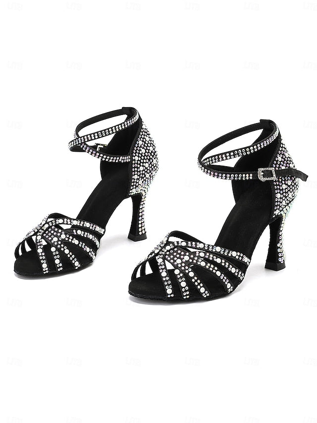 Rhinestone-Embellished Latin Tan High Sandals Dance with Heel