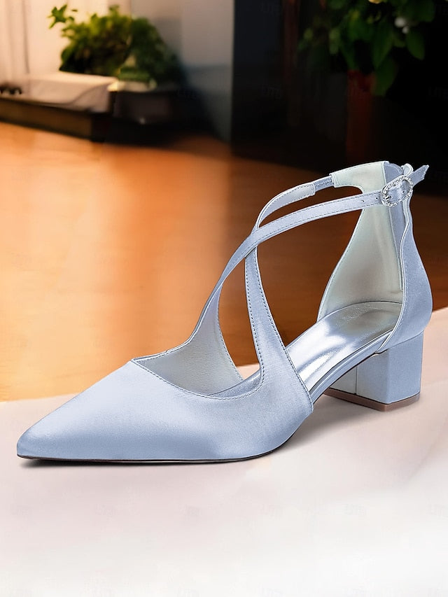 Toe Pointed Block Elegant - Satin Women's Heels Ivory