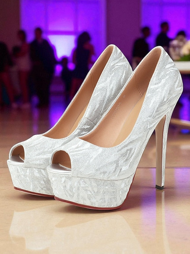 Platform Subtle Peep-Toe Silver with Heels Pattern Women's