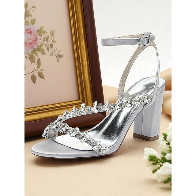 Block Rhinestone Heel - Straps with Sandals White Women's