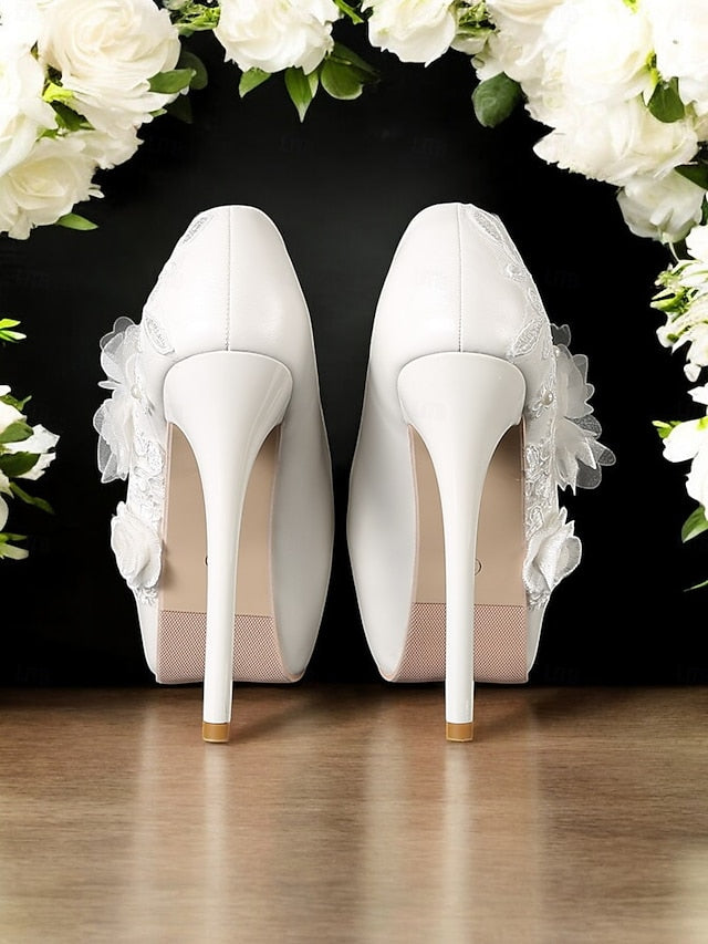 White Wedding Shoes Floral with Embellishments Lace