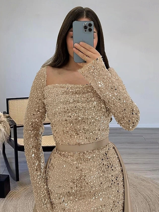 Guest Sequin Evening Dress Wedding Gown Elegant A-Line Formal