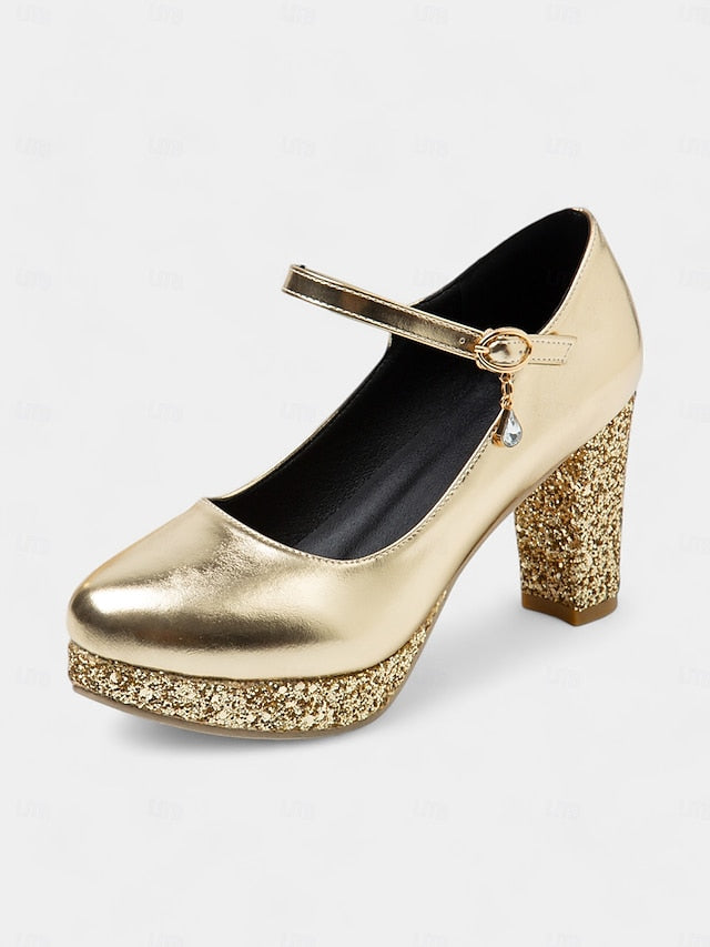 – Women's Block Heel Jane Glitter Mary Sparkly Gold Pumps