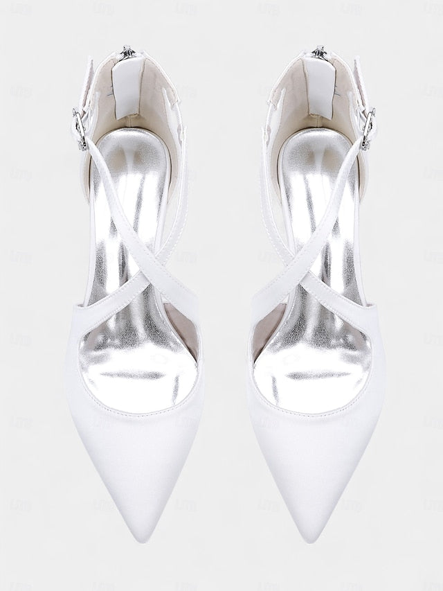 Toe Pointed Block Elegant - Satin Women's Heels Ivory