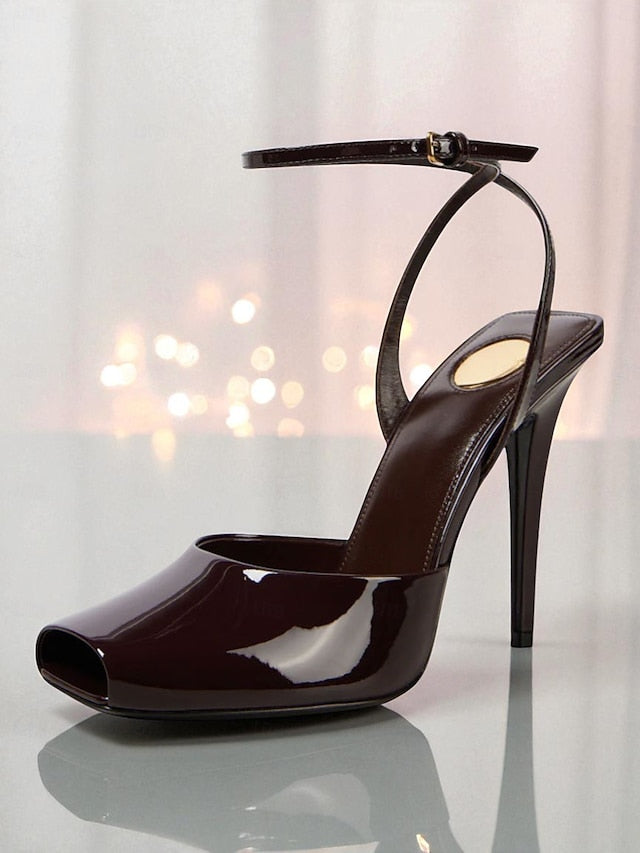 Peep High - Heels Leather Green Women's Toe Dark Patent