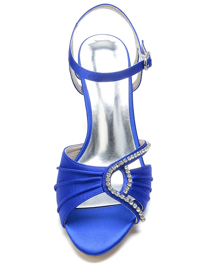 Satin – Rhinestone Sandals Blue Heeled Navy Women's