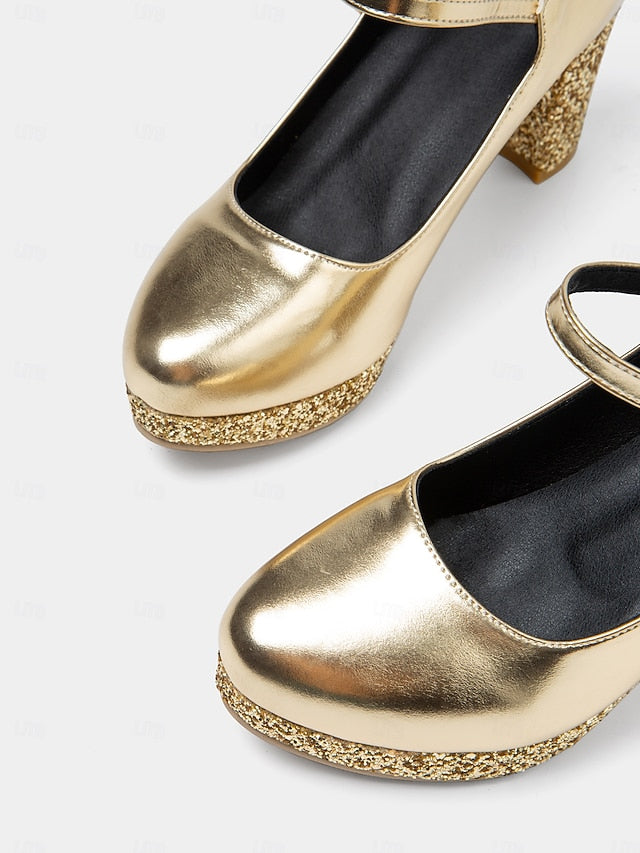 – Women's Block Heel Jane Glitter Mary Sparkly Gold Pumps