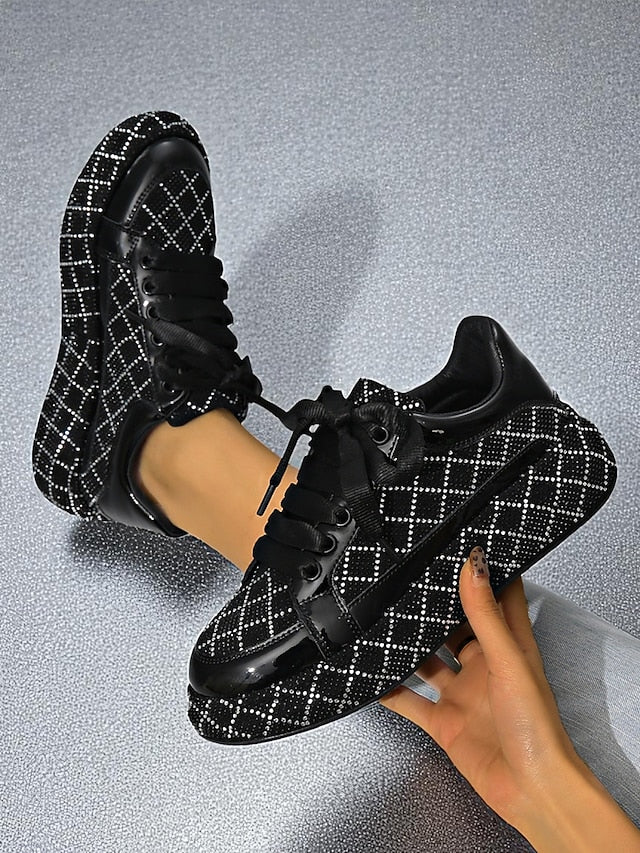 Quilted Women's Sneakers - Black Rhinestone Silver and