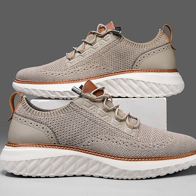 Men's Shoes Beige Knit Lace-Up Sneakers with Lightweight