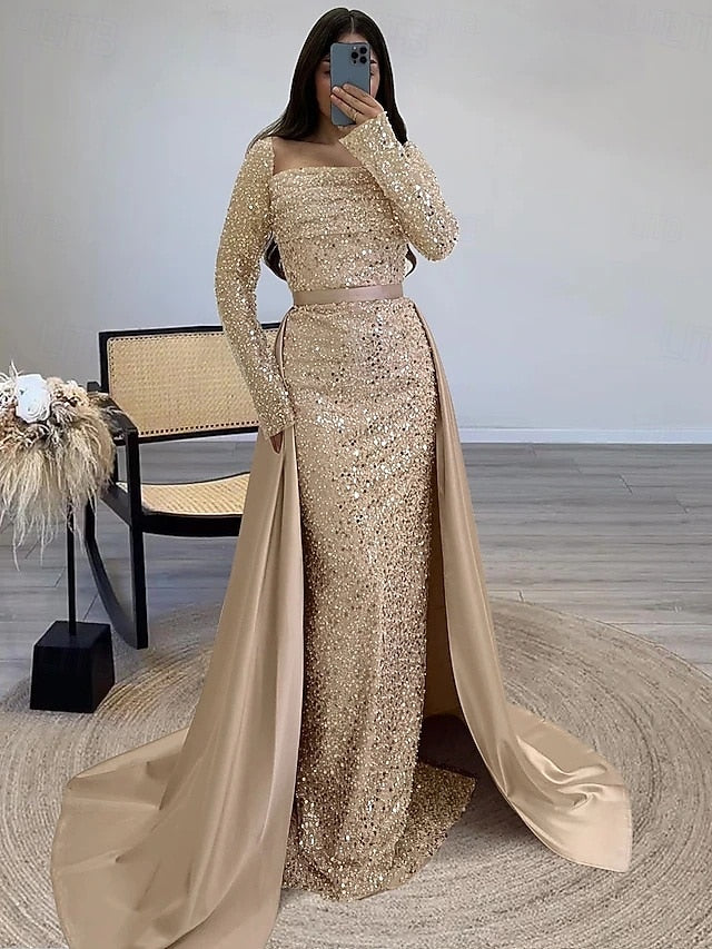 Guest Sequin Evening Dress Wedding Gown Elegant A-Line Formal