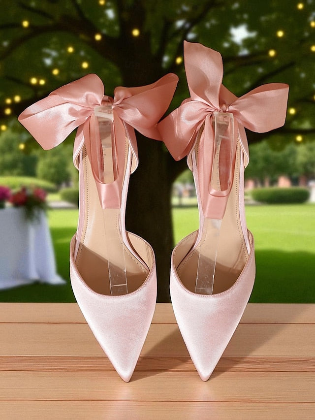 Heel Kitten Ribbon with Women's Pointed-Toe Shoes Satin