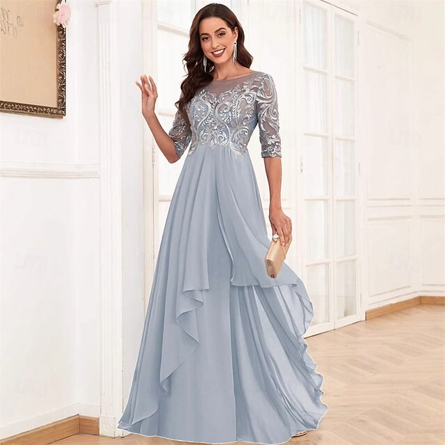 Neck Dress Floor the Bride of Simple Crew Mother Elegant