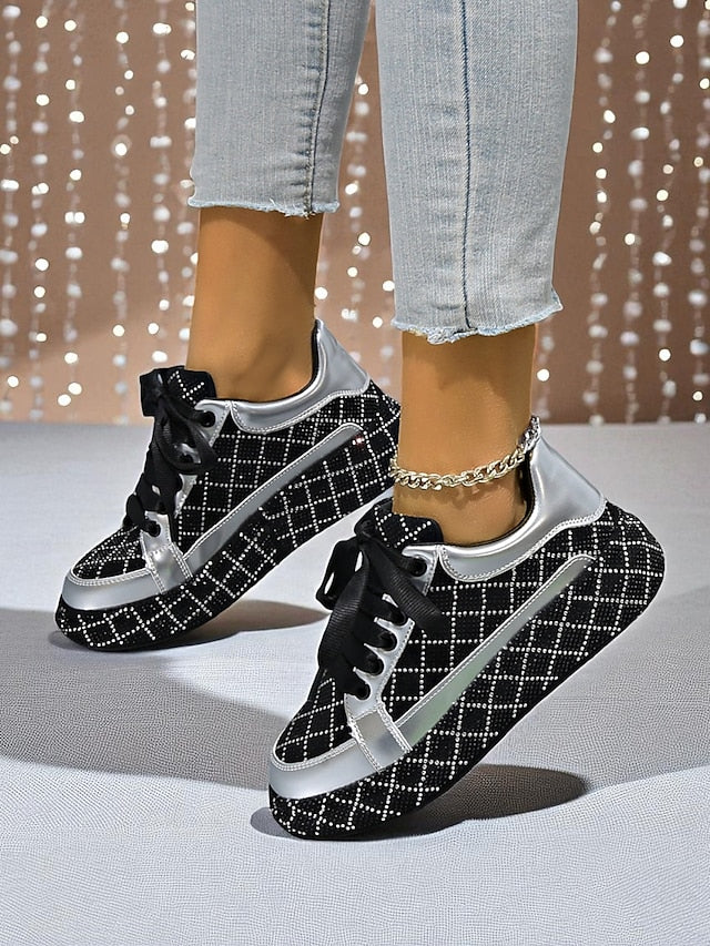 Quilted Women's Sneakers - Black Rhinestone Silver and