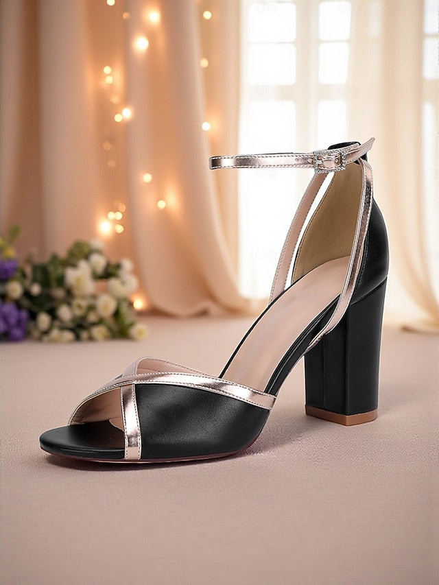 Metallic Block White Strap Ankle Sandals Heel with Women's