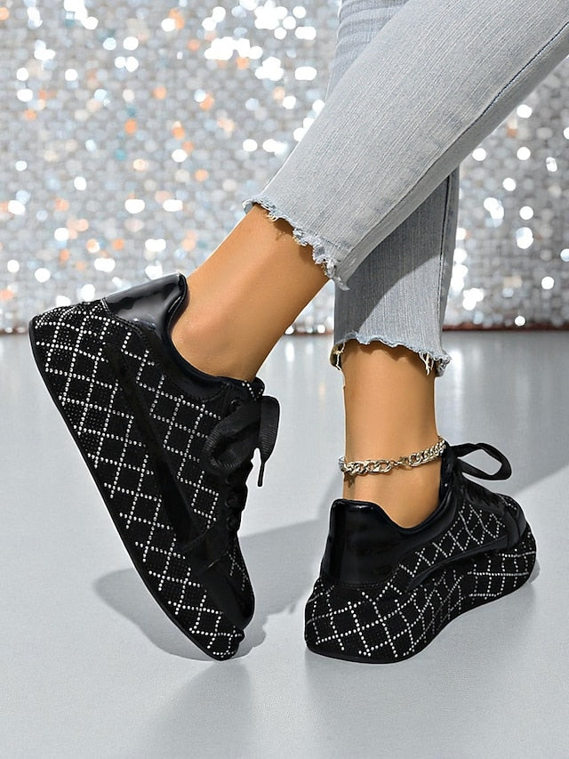 Quilted Women's Sneakers - Black Rhinestone Silver and