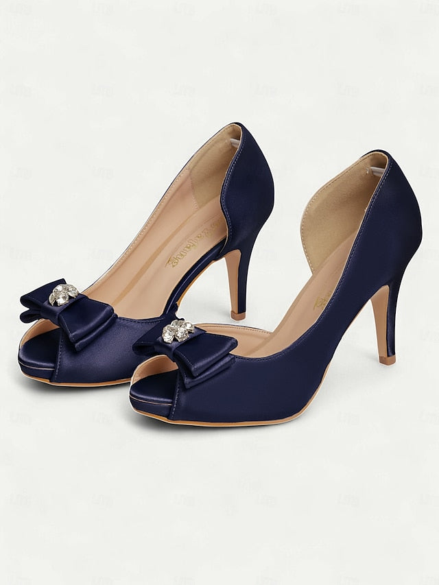 with Champagne Bow Women's and Peep Satin Heels Toe
