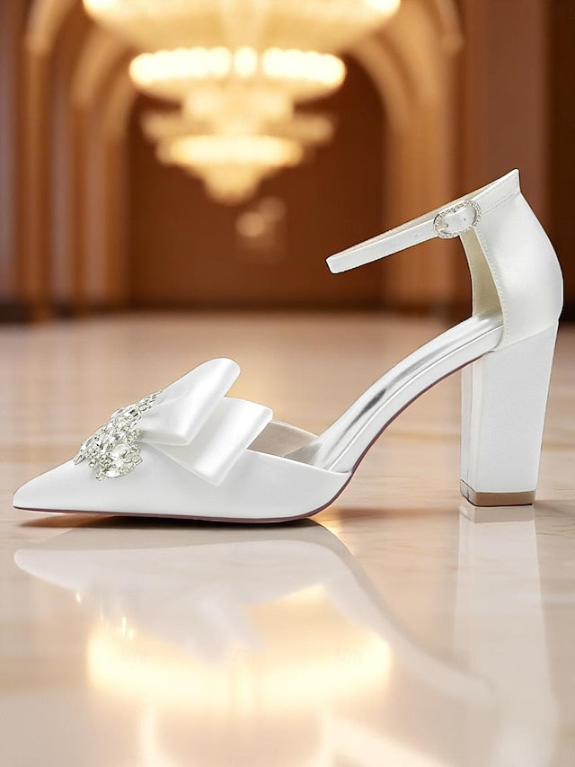 Bow Block Pumps Satin Heel and with Crystal Women's