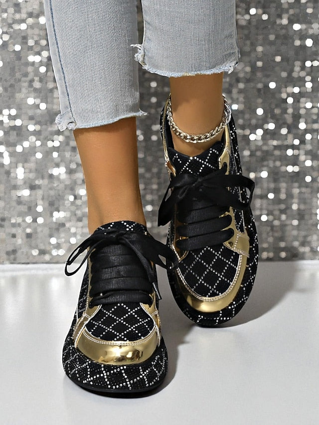Quilted Women's Sneakers - Black Rhinestone Silver and